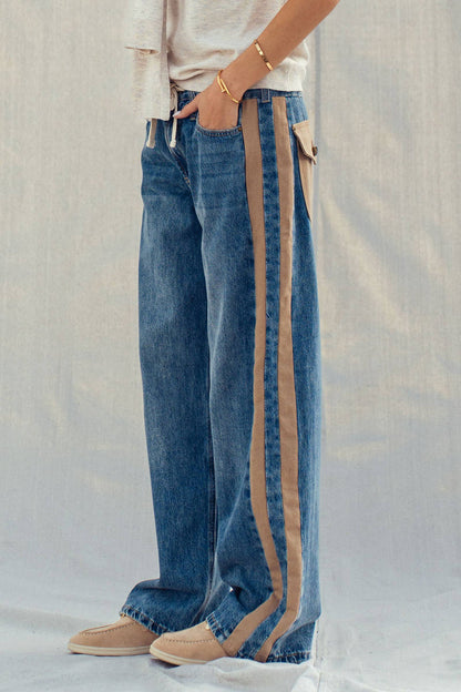 Women's Wide-Leg Utility Stripe Jeans - Denim Taupe