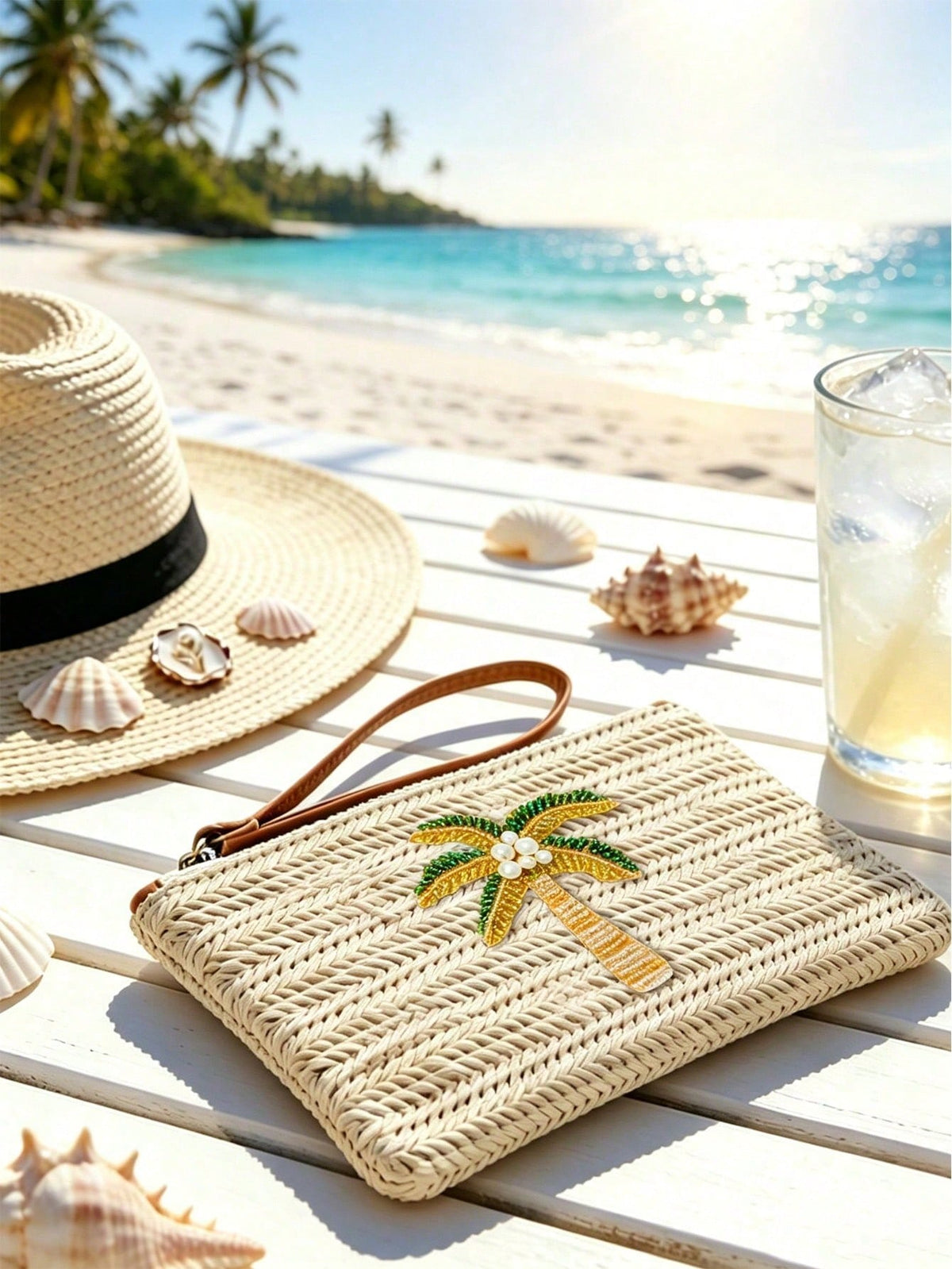 Woven Beaded Coconut Tree Clutch, Bohemian Beach Straw Wristlet Wallet, Multi-Functional Storage Bag, Makeup Bag, Exquisite Beaded Decoration With Colorful Beaded Lemon Accent, Summer Beach Travel And