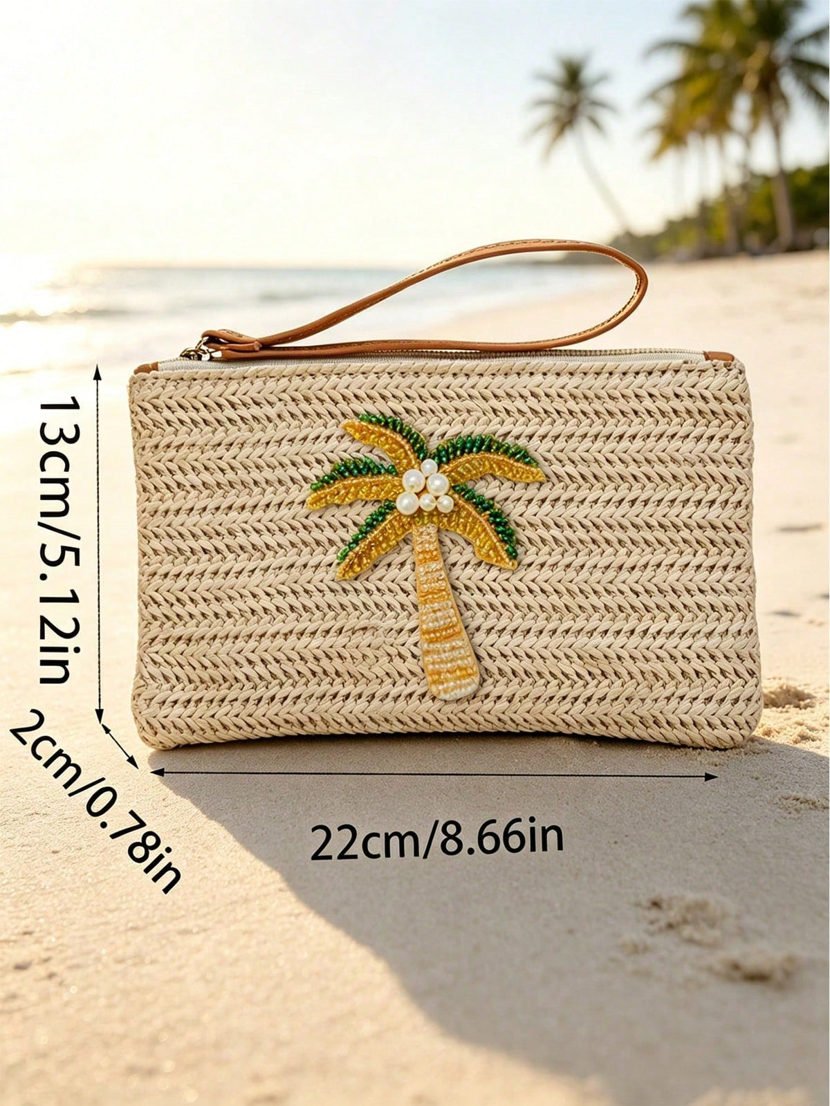 Woven Beaded Coconut Tree Clutch, Bohemian Beach Straw Wristlet Wallet, Multi-Functional Storage Bag, Makeup Bag, Exquisite Beaded Decoration With Colorful Beaded Lemon Accent, Summer Beach Travel And