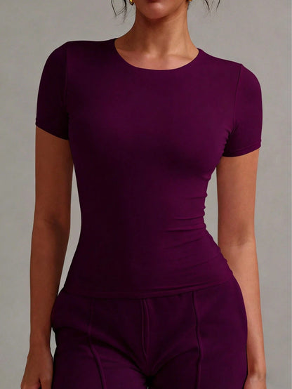 XLLAIS 2026 Women's Round Neck Short Sleeve Basic Solid Color Slim Fit Casual T-Shirt, Summer
