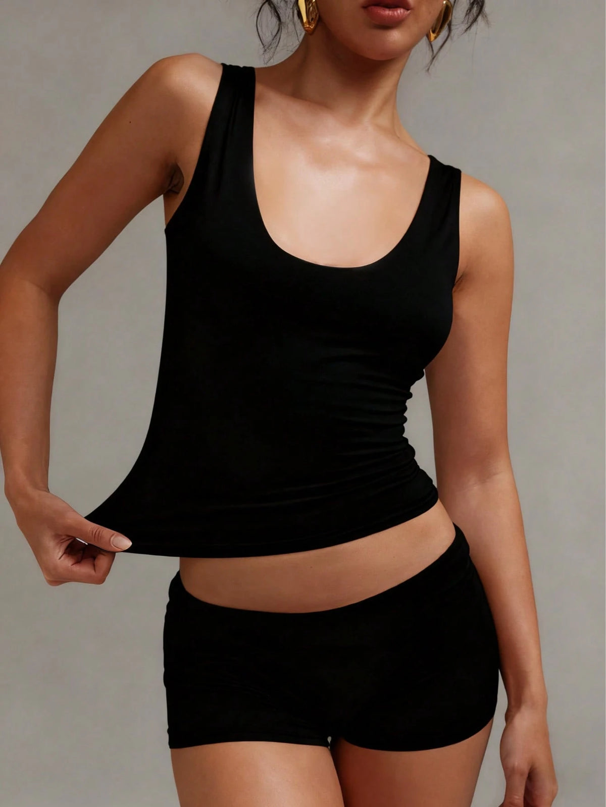 XLLAIS Women's Solid Color Casual Versatile Double Layer Yoga High Elastic Fabric Sexy U-Neck Sleeveless Black Tank Top Summer Back To School