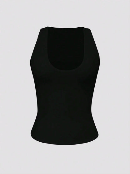 XLLAIS Women's Solid Color Casual Versatile Double Layer Yoga High Elastic Fabric Sexy U-Neck Sleeveless Black Tank Top Summer Back To School