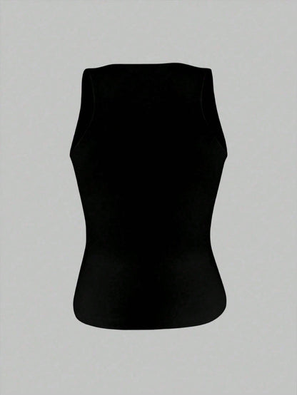 XLLAIS Women's Solid Color Casual Versatile Double Layer Yoga High Elastic Fabric Sexy U-Neck Sleeveless Black Tank Top Summer Back To School
