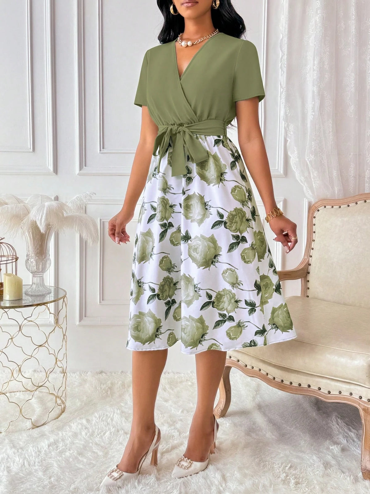 Xyvia Women's Floral Print Overlap V-Neck Short Sleeve Elegant Dress Maxi Women Outfit