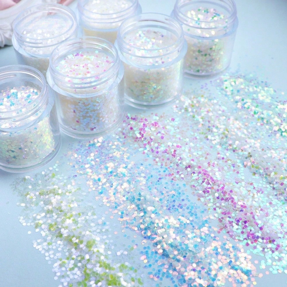 Y2K Iridescent White 1mm Hexagon Glitter Sequins Set, Holographic Aurora Round Flakes Fillers For Resin Keychains, Nail Art, Slime & DIY Handicrafts