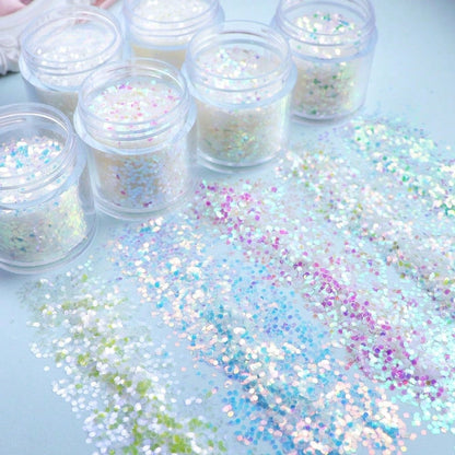 Y2K Iridescent White 1mm Hexagon Glitter Sequins Set, Holographic Aurora Round Flakes Fillers For Resin Keychains, Nail Art, Slime & DIY Handicrafts