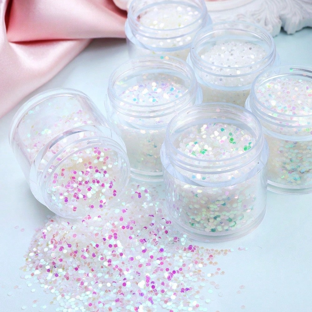 Y2K Iridescent White 1mm Hexagon Glitter Sequins Set, Holographic Aurora Round Flakes Fillers For Resin Keychains, Nail Art, Slime & DIY Handicrafts