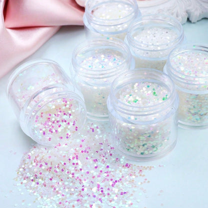 Y2K Iridescent White 1mm Hexagon Glitter Sequins Set, Holographic Aurora Round Flakes Fillers For Resin Keychains, Nail Art, Slime & DIY Handicrafts