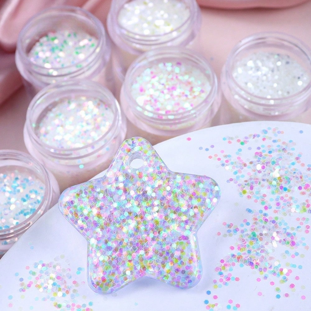 Y2K Iridescent White 1mm Hexagon Glitter Sequins Set, Holographic Aurora Round Flakes Fillers For Resin Keychains, Nail Art, Slime & DIY Handicrafts
