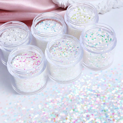 Y2K Iridescent White 1mm Hexagon Glitter Sequins Set, Holographic Aurora Round Flakes Fillers For Resin Keychains, Nail Art, Slime & DIY Handicrafts