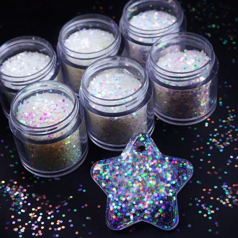 Y2K Iridescent White 1mm Hexagon Glitter Sequins Set, Holographic Aurora Round Flakes Fillers For Resin Keychains, Nail Art, Slime & DIY Handicrafts