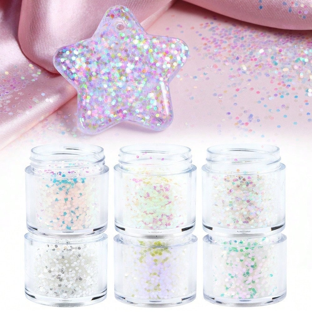 Y2K Iridescent White 1mm Hexagon Glitter Sequins Set, Holographic Aurora Round Flakes Fillers For Resin Keychains, Nail Art, Slime & DIY Handicrafts