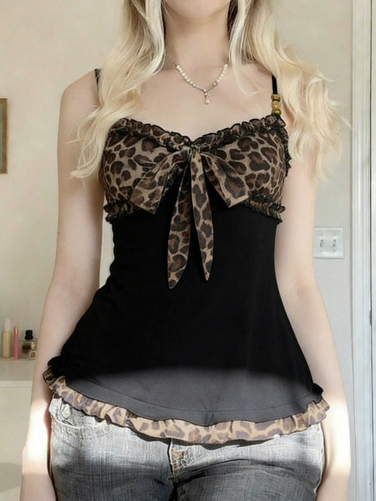 Y2K Leopard Print A-Line Camisole Tank Top, Women Street Fashion 90s Sexy Sleeveless Tie Front Crop Top, Vintage Midriff Revealing Summer Versatile Party Camisole, Vacation, Date Night, Valentine's Da