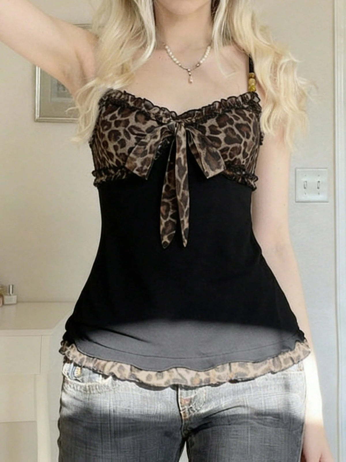 Y2K Leopard Print A-Line Camisole Tank Top, Women Street Fashion 90s Sexy Sleeveless Tie Front Crop Top, Vintage Midriff Revealing Summer Versatile Party Camisole, Vacation, Date Night, Valentine's Da