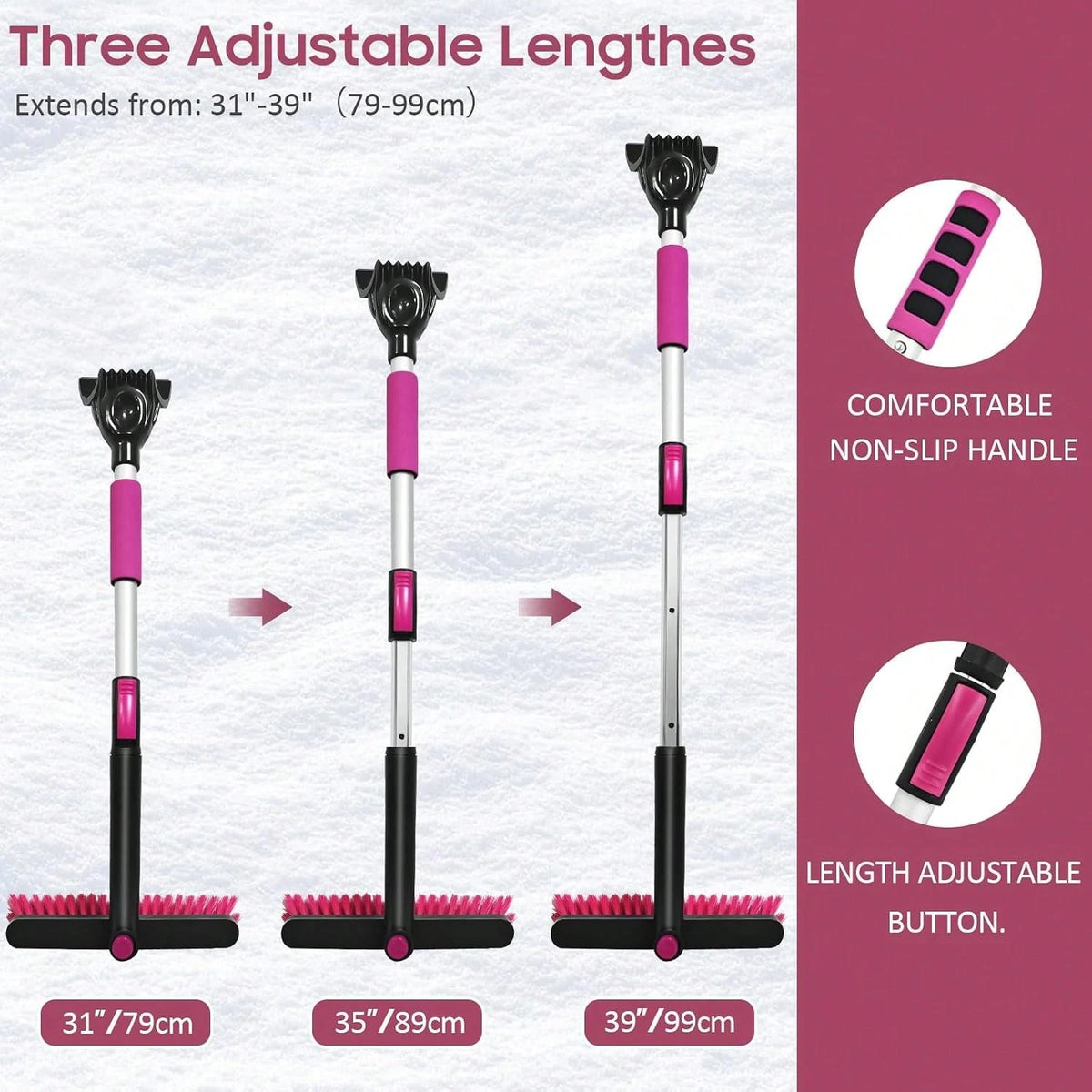 YeewayVeh 39in Car Snow Brush Ice Scraper 360° Rotating, Magenta Pink| For Paint, Detachable, Easy Assembly, Efficient Snow Removal For SUV