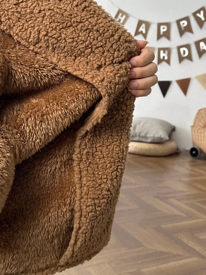Young Girl Casual Versatile Turndown Collar Thermal Lined Thick Long Sleeve Cardigan Fall Winter