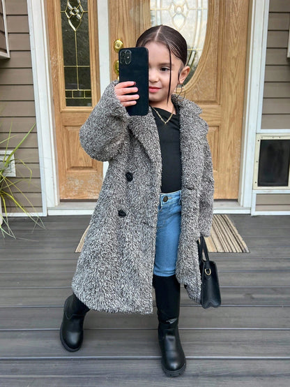Young Girl Knitted Fluffy Collar Casual Jacket Long Coats Kids Grey Sherpa Coat Girls Teddy Coat Girls Shaggy Coat Girls Fleece Coat Fall Coat Winter