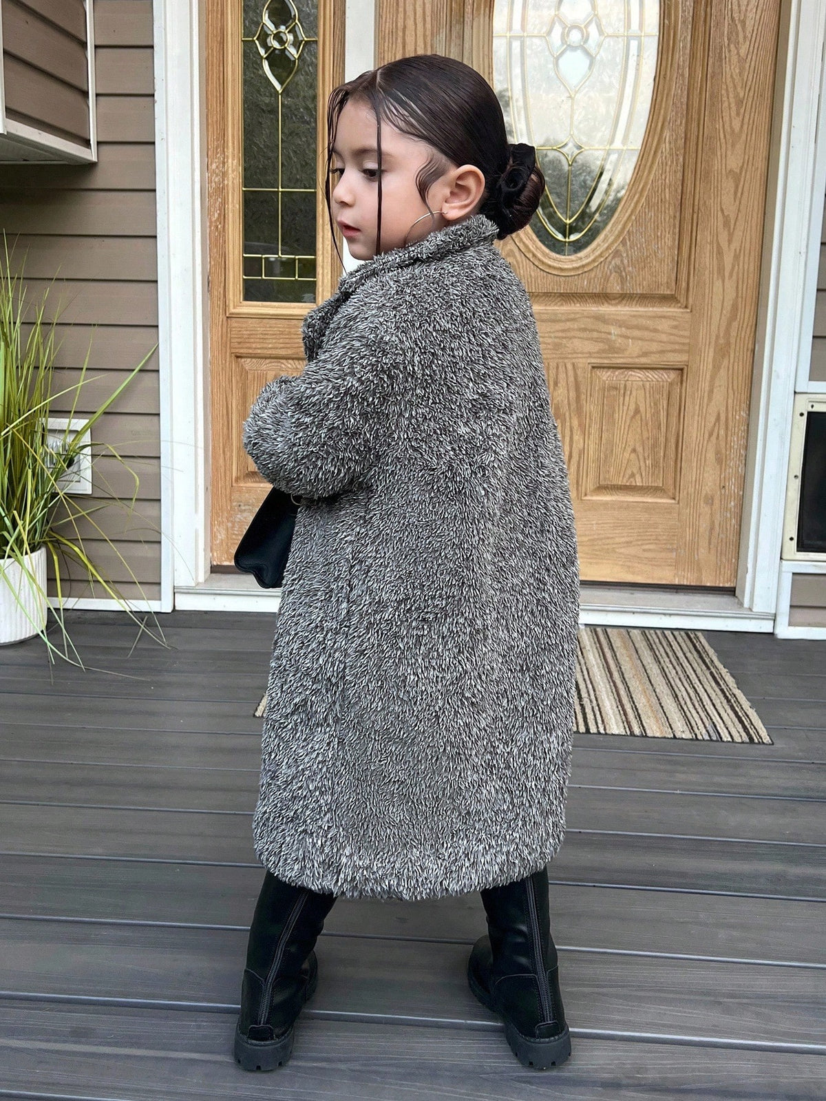 Young Girl Knitted Fluffy Collar Casual Jacket Long Coats Kids Grey Sherpa Coat Girls Teddy Coat Girls Shaggy Coat Girls Fleece Coat Fall Coat Winter