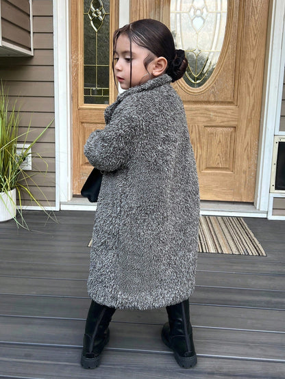 Young Girl Knitted Fluffy Collar Casual Jacket Long Coats Kids Grey Sherpa Coat Girls Teddy Coat Girls Shaggy Coat Girls Fleece Coat Fall Coat Winter