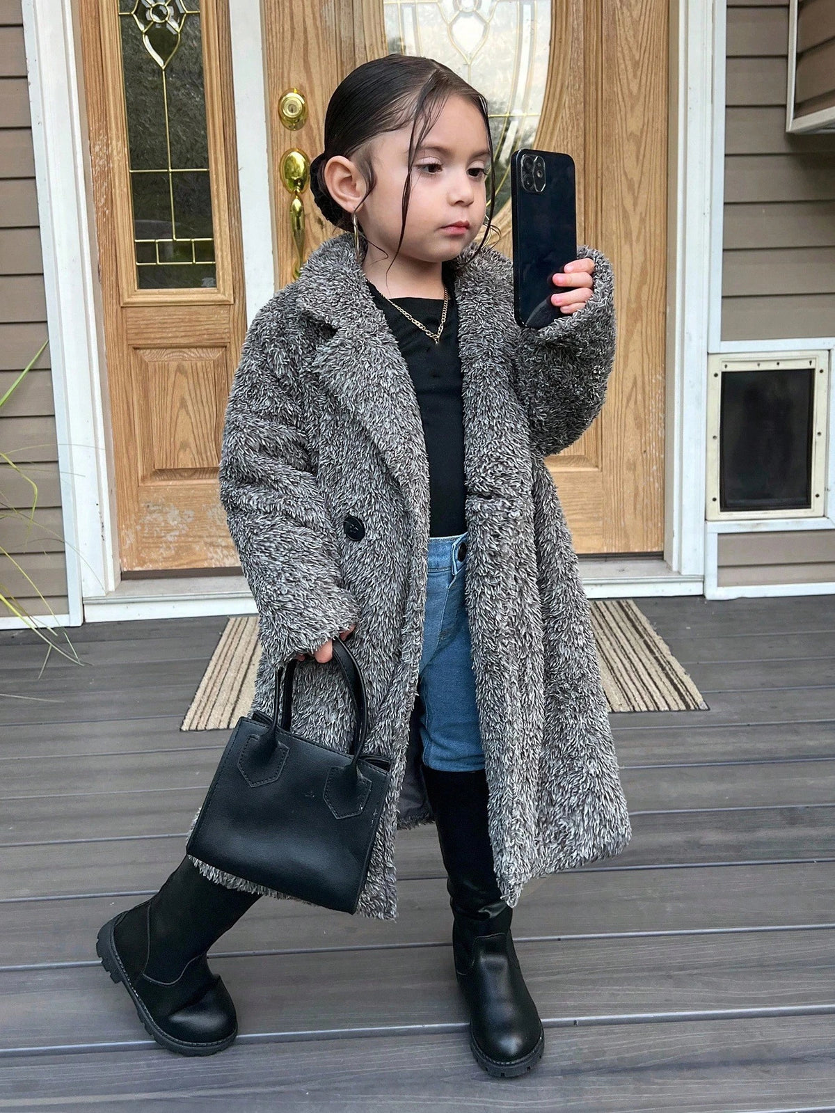 Young Girl Knitted Fluffy Collar Casual Jacket Long Coats Kids Grey Sherpa Coat Girls Teddy Coat Girls Shaggy Coat Girls Fleece Coat Fall Coat Winter