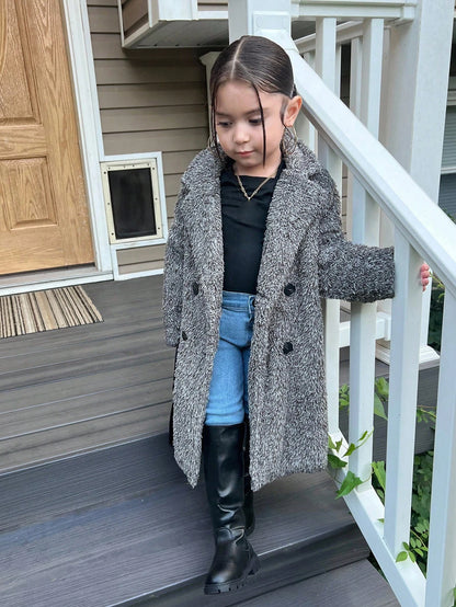 Young Girl Knitted Fluffy Collar Casual Jacket Long Coats Kids Grey Sherpa Coat Girls Teddy Coat Girls Shaggy Coat Girls Fleece Coat Fall Coat Winter