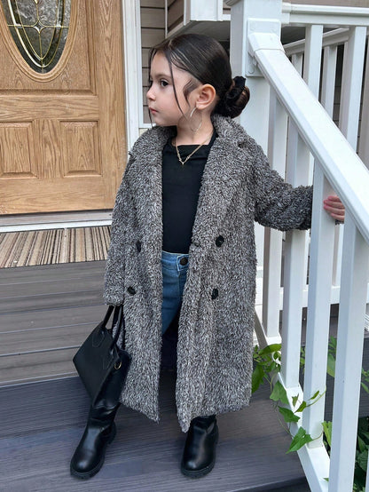 Young Girl Knitted Fluffy Collar Casual Jacket Long Coats Kids Grey Sherpa Coat Girls Teddy Coat Girls Shaggy Coat Girls Fleece Coat Fall Coat Winter
