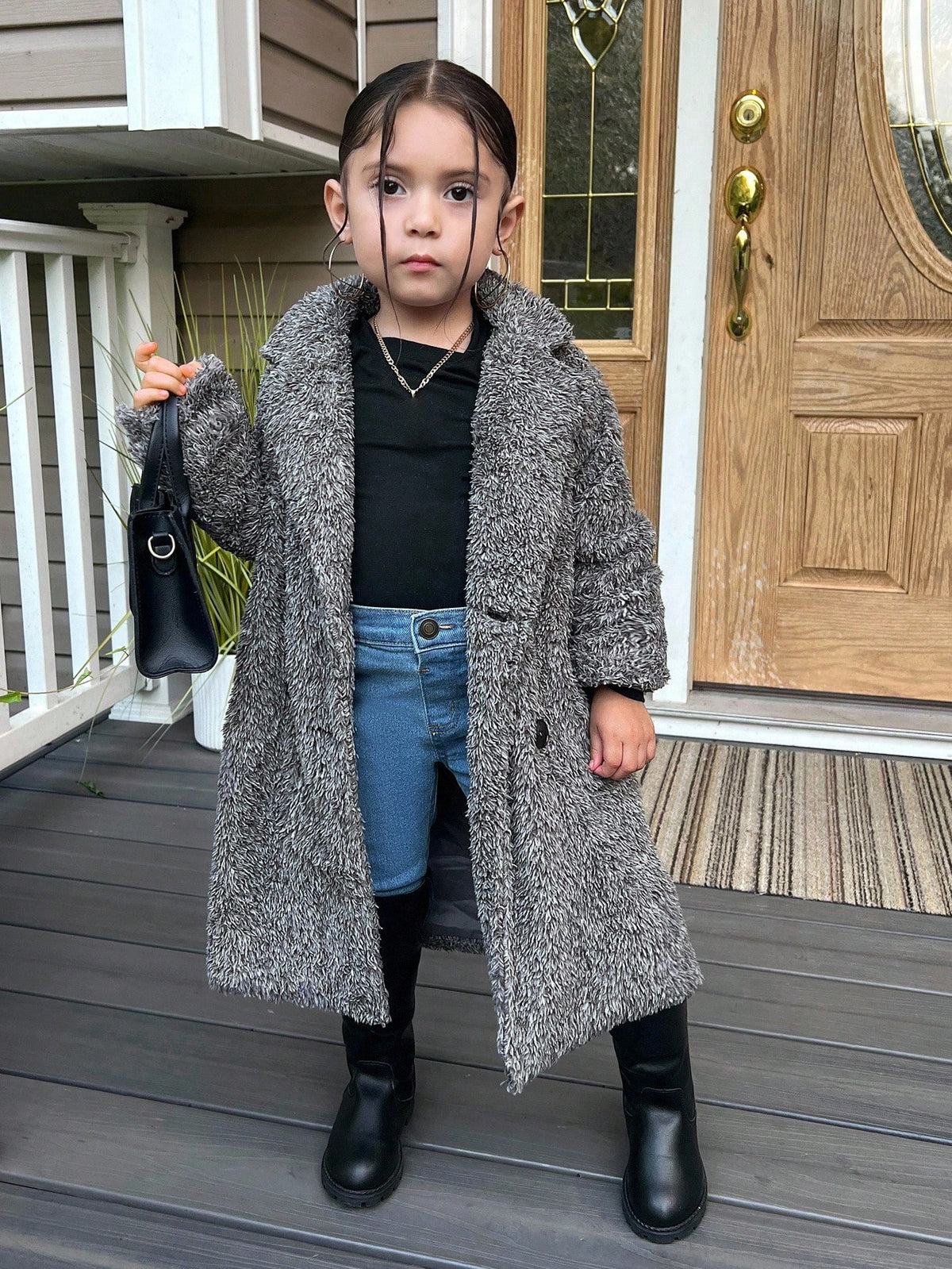 Young Girl Knitted Fluffy Collar Casual Jacket Long Coats Kids Grey Sherpa Coat Girls Teddy Coat Girls Shaggy Coat Girls Fleece Coat Fall Coat Winter