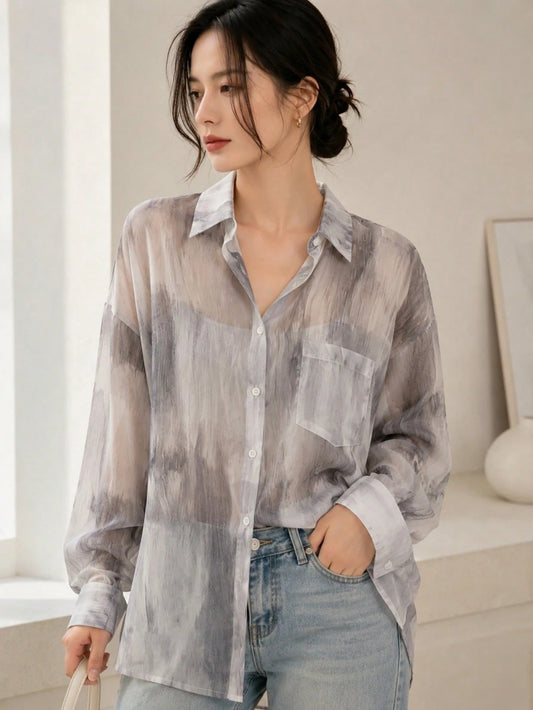 YUXIN Women's Sweet Tie-Dye Lightweight Sheer Blouse, Loose Breathable Long Sleeve Top, Suitable For Casual Outings And Vacations, Spring/Summer