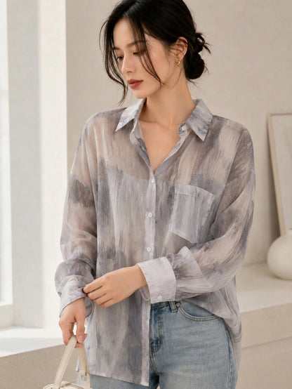 YUXIN Women's Sweet Tie-Dye Lightweight Sheer Blouse, Loose Breathable Long Sleeve Top, Suitable For Casual Outings And Vacations, Spring/Summer