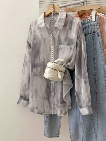 YUXIN Women's Sweet Tie-Dye Lightweight Sheer Blouse, Loose Breathable Long Sleeve Top, Suitable For Casual Outings And Vacations, Spring/Summer