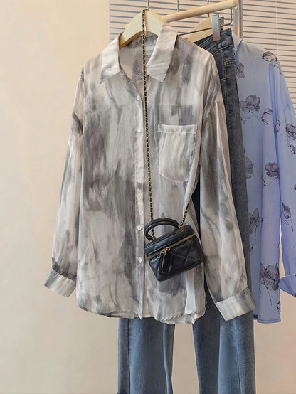 YUXIN Women's Sweet Tie-Dye Lightweight Sheer Blouse, Loose Breathable Long Sleeve Top, Suitable For Casual Outings And Vacations, Spring/Summer