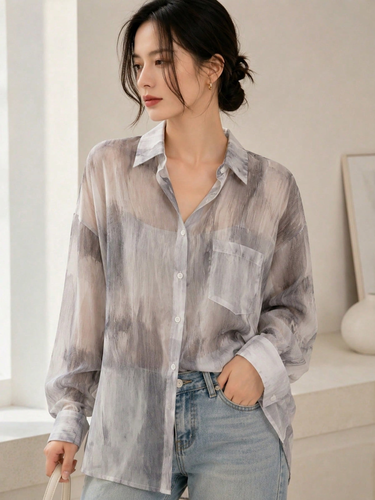 YUXIN Women's Sweet Tie-Dye Lightweight Sheer Blouse, Loose Breathable Long Sleeve Top, Suitable For Casual Outings And Vacations, Spring/Summer