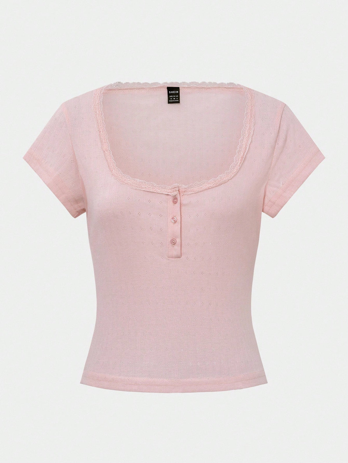 Zavorell Women's Sweet Lace Trim Short Sleeve T-Shirt, Slim Fit, 3-Button Closure, Casual Summer Top