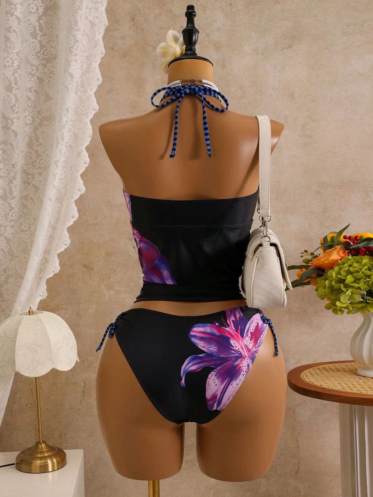 Zestiva Spring/Summer New Lily Print Skirt Side Drawstring Low Waist Triangle Bikini Set For Women