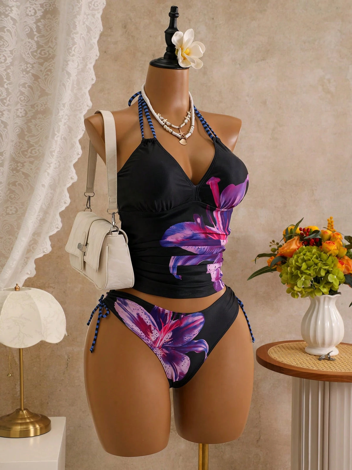Zestiva Spring/Summer New Lily Print Skirt Side Drawstring Low Waist Triangle Bikini Set For Women
