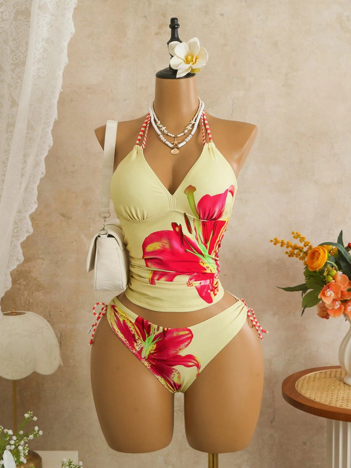 Zestiva Spring/Summer New Lily Print Skirt Side Drawstring Low Waist Triangle Bikini Set For Women