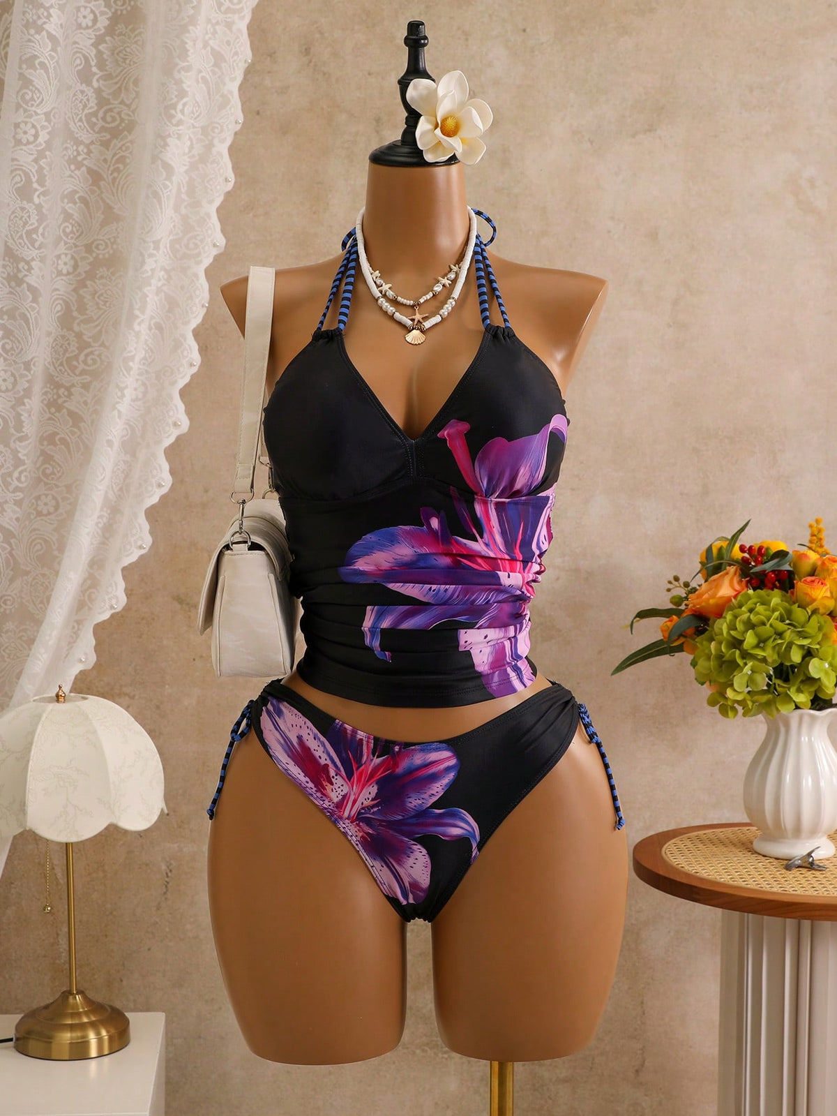 Zestiva Spring/Summer New Lily Print Skirt Side Drawstring Low Waist Triangle Bikini Set For Women