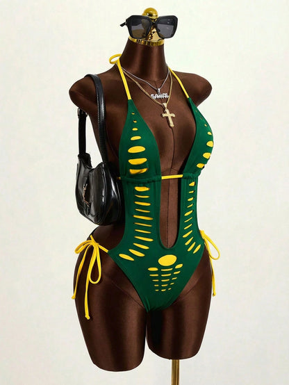 Zestiva Women's Sexy Beach Vacation Bohemian Party Neon Bright Ripped Hollow Out One-Piece Swimsuit