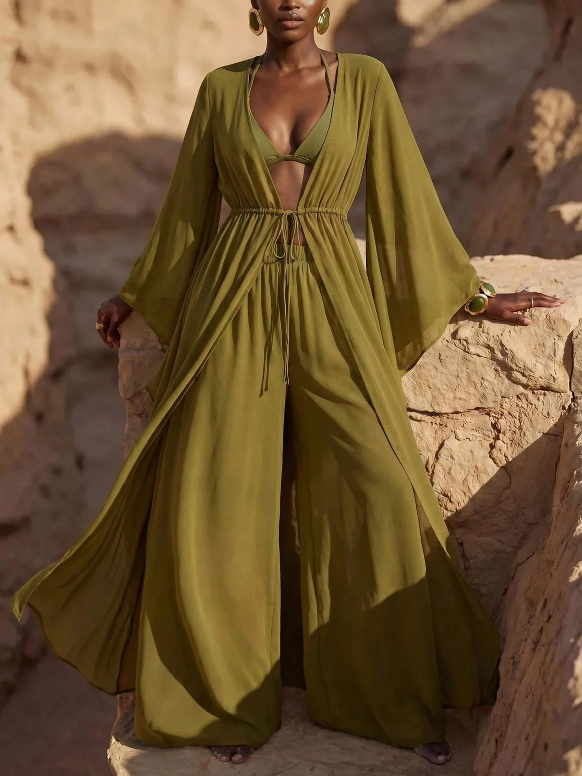 Zivah Women's Casual Beach Vacation Brown Robe Coverup & Wide Leg Pants Set, V-Neck Adjustable Waist Tie Robe Coverup & Palazzo Pants 2-Piece Set