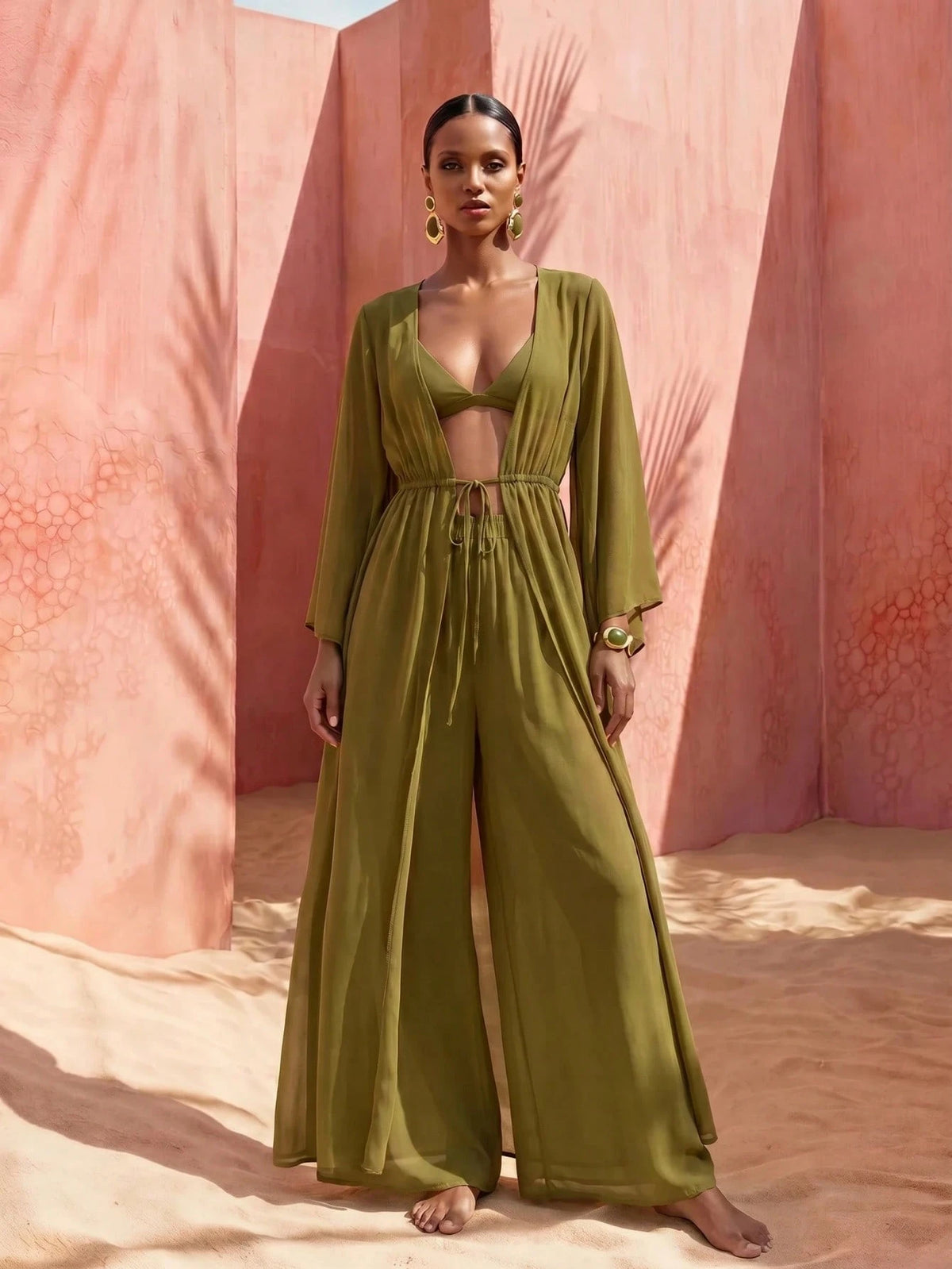 Zivah Women's Casual Beach Vacation Brown Robe Coverup & Wide Leg Pants Set, V-Neck Adjustable Waist Tie Robe Coverup & Palazzo Pants 2-Piece Set