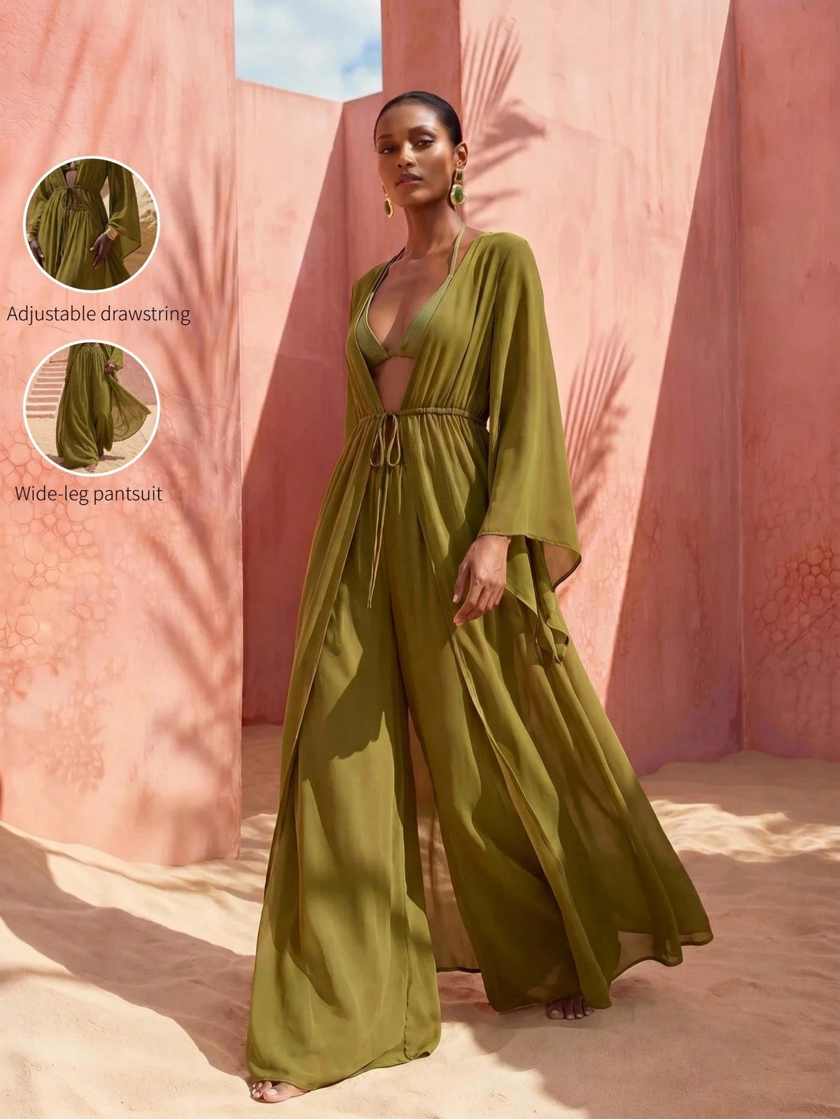 Zivah Women's Casual Beach Vacation Brown Robe Coverup & Wide Leg Pants Set, V-Neck Adjustable Waist Tie Robe Coverup & Palazzo Pants 2-Piece Set