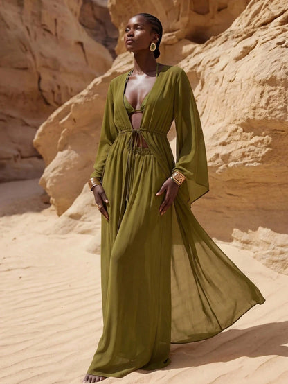 Zivah Women's Casual Beach Vacation Brown Robe Coverup & Wide Leg Pants Set, V-Neck Adjustable Waist Tie Robe Coverup & Palazzo Pants 2-Piece Set