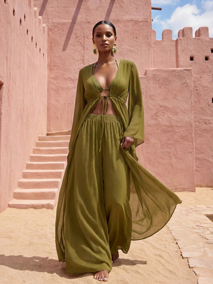 Zivah Women's Casual Beach Vacation Brown Robe Coverup & Wide Leg Pants Set, V-Neck Adjustable Waist Tie Robe Coverup & Palazzo Pants 2-Piece Set