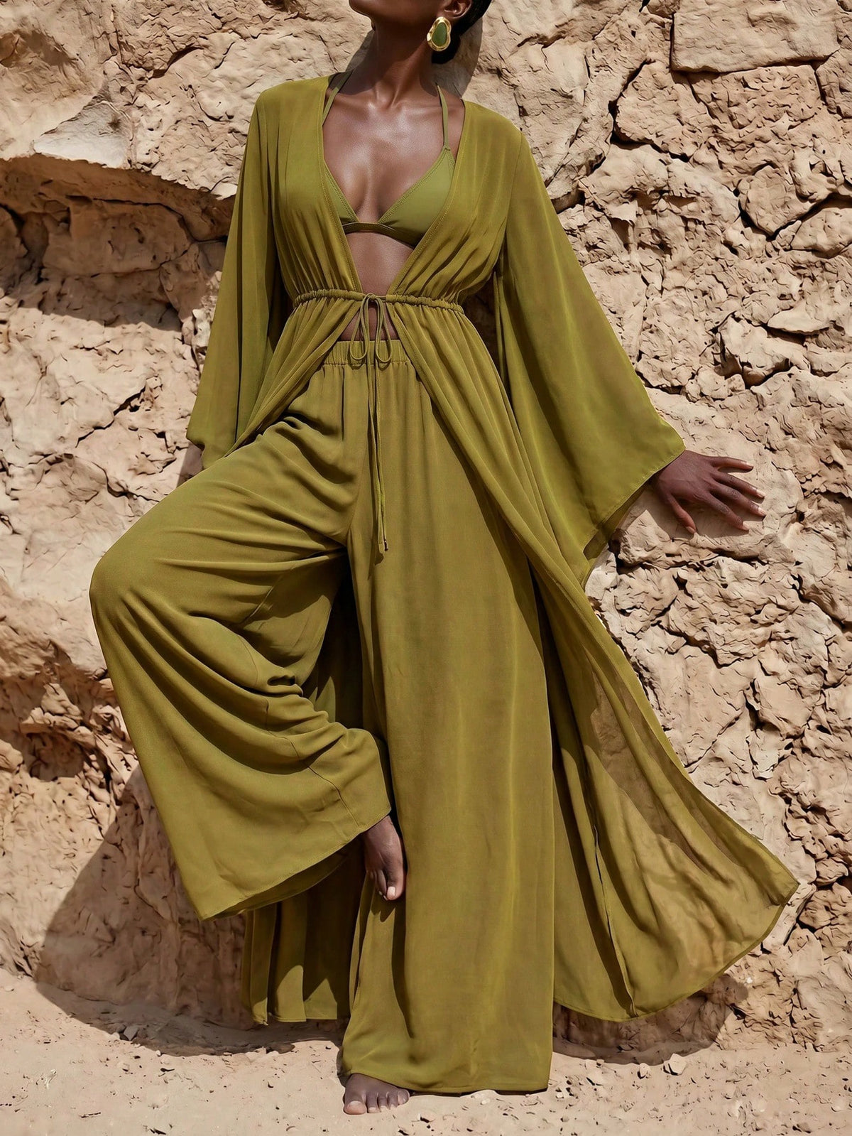 Zivah Women's Casual Beach Vacation Brown Robe Coverup & Wide Leg Pants Set, V-Neck Adjustable Waist Tie Robe Coverup & Palazzo Pants 2-Piece Set