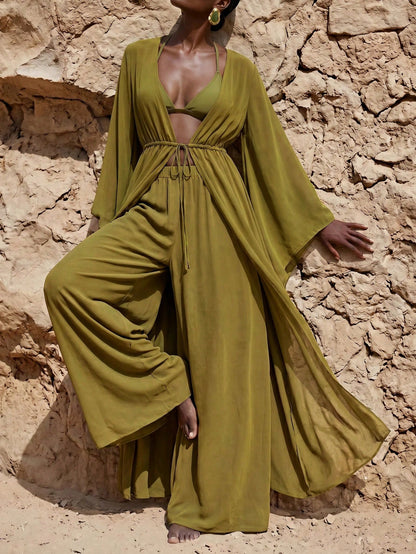 Zivah Women's Casual Beach Vacation Brown Robe Coverup & Wide Leg Pants Set, V-Neck Adjustable Waist Tie Robe Coverup & Palazzo Pants 2-Piece Set