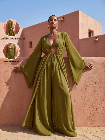 Zivah Women's Casual Beach Vacation Brown Robe Coverup & Wide Leg Pants Set, V-Neck Adjustable Waist Tie Robe Coverup & Palazzo Pants 2-Piece Set